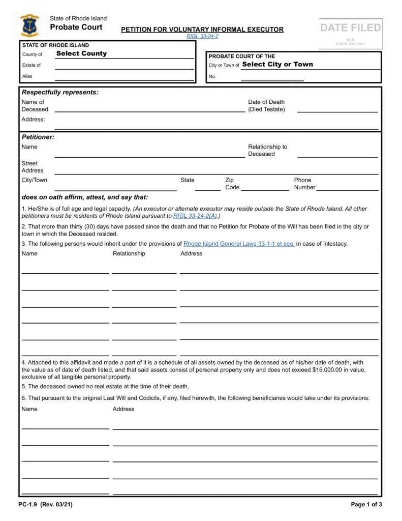 Free Rhode Island Small Estate Affidavit Form PC 1 9 PDF EForms