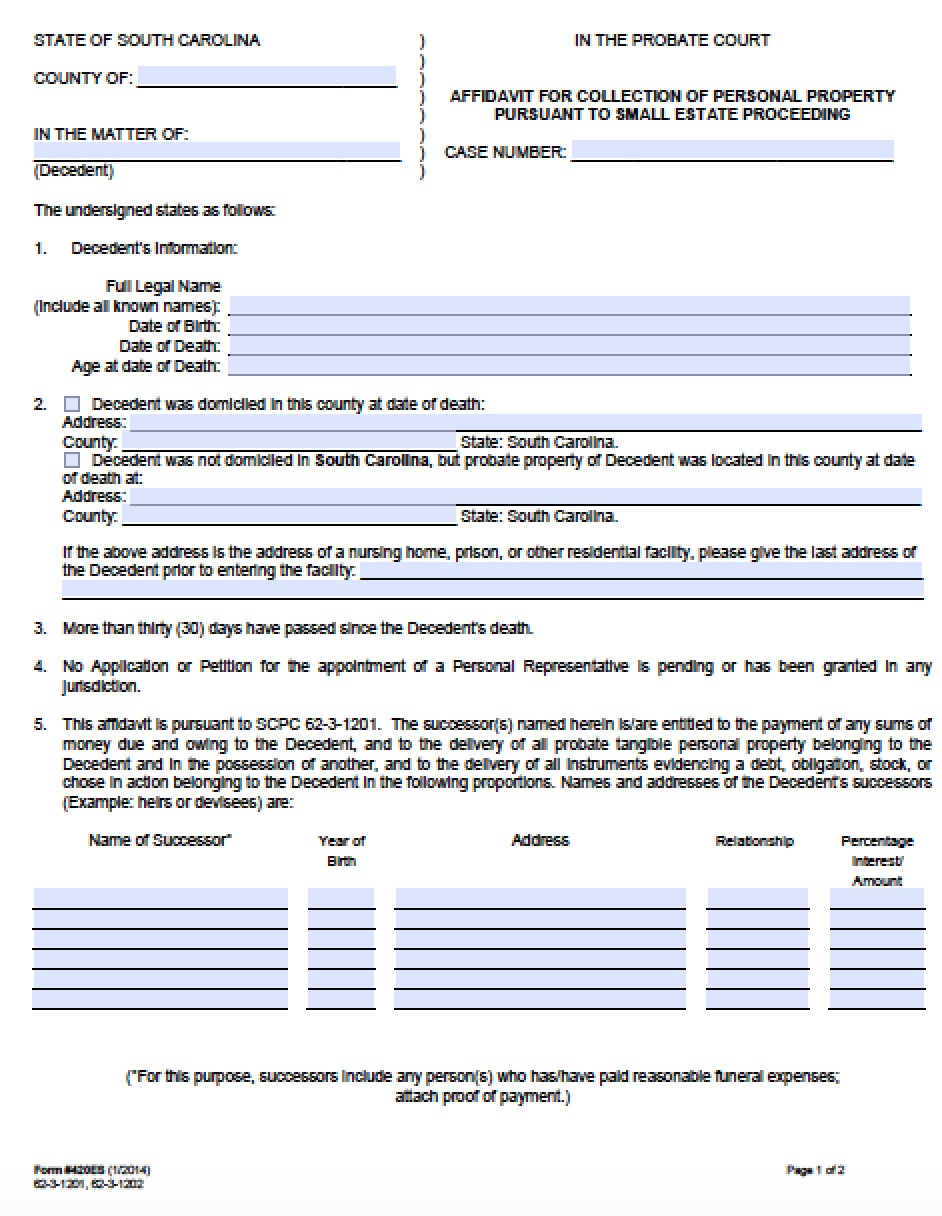 Free South Carolina Small Estate Affidavit 420ES Form PDF Word