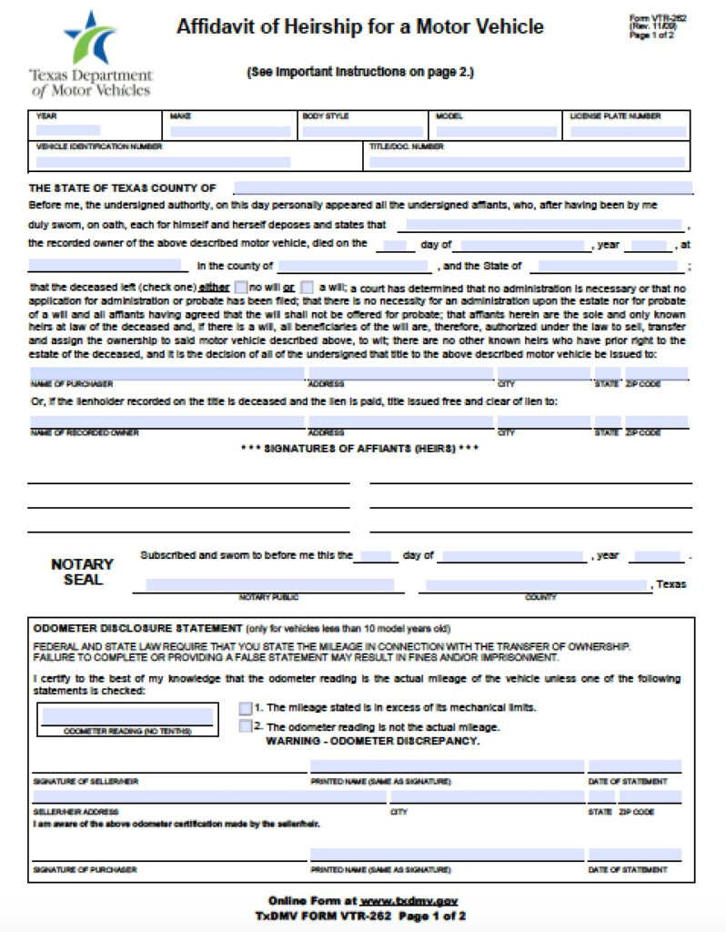 Free Texas Affidavit Of Heirship For A Motor Vehicle VTR 262 Form 