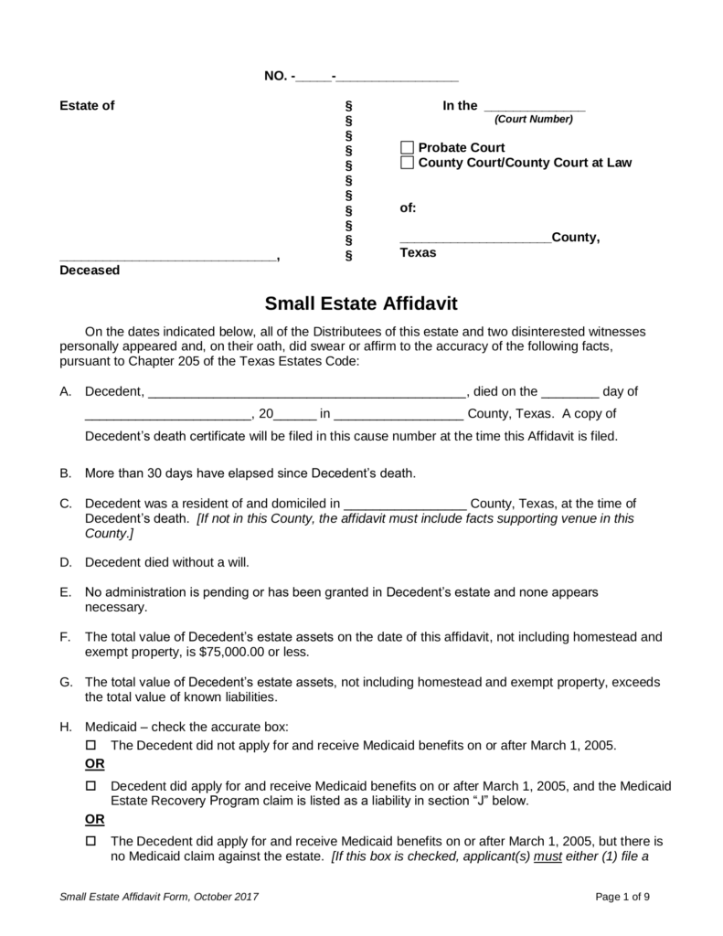 Free Texas Small Estate Affidavit Form PDF EForms