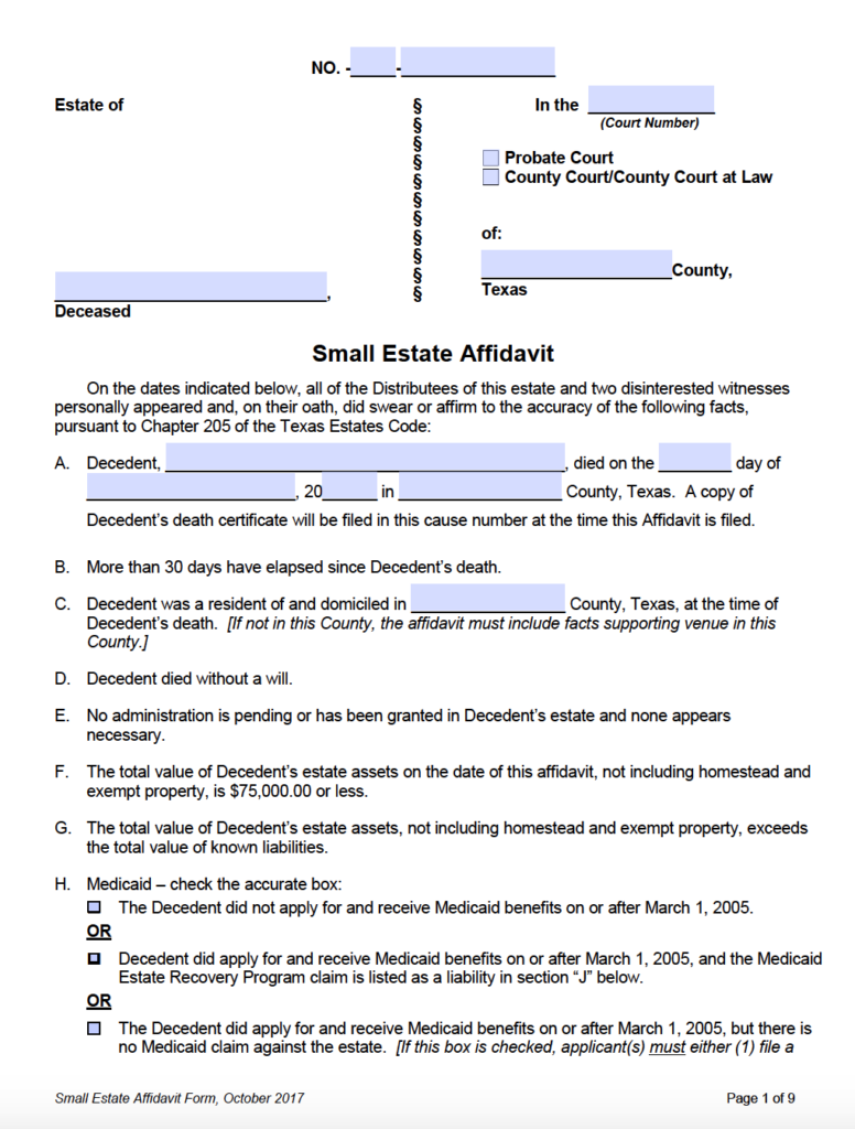 Free Texas Small Estate Affidavit Form PDF Word