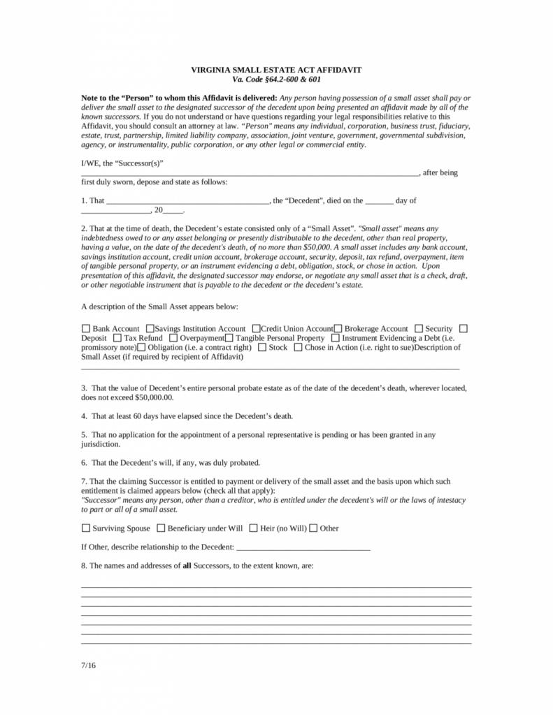 Free Virginia Small Estate Affidavit Form PDF EForms