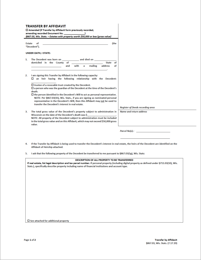 Free Wisconsin Small Estate Affidavit Form PDF