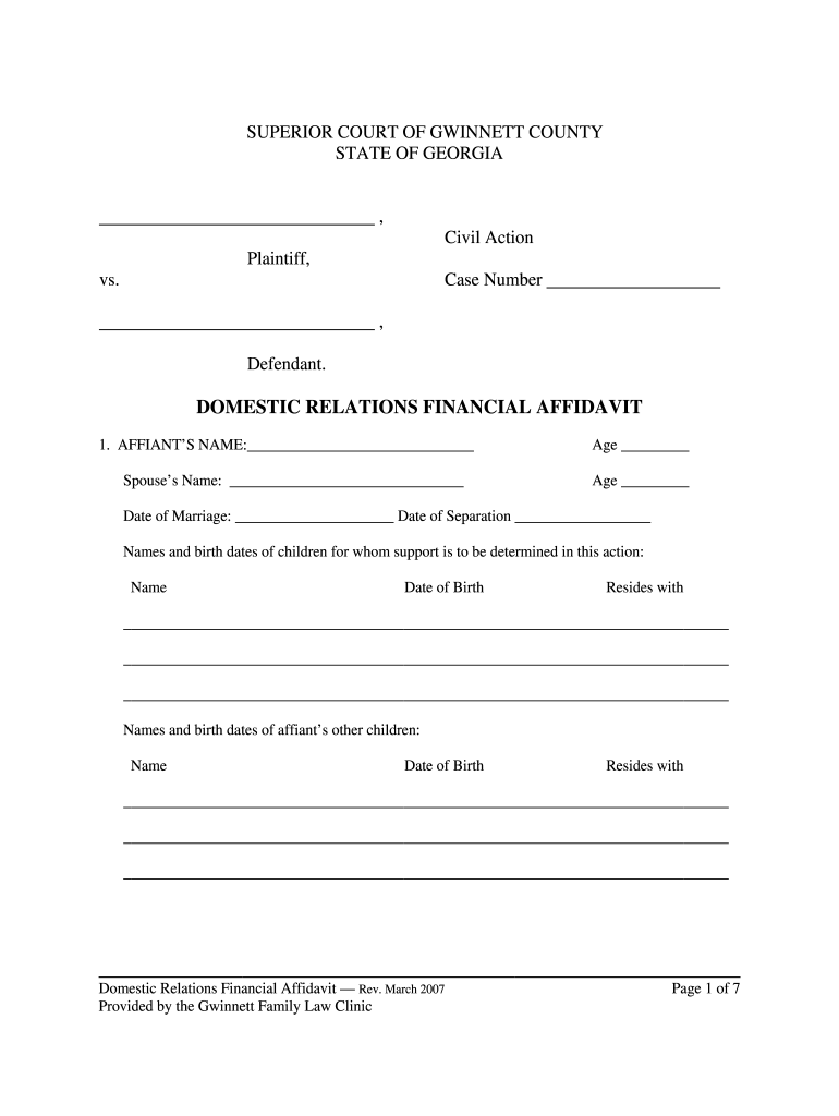 GA Domestic Relations Financial Affidavit Gwinnett County 2007