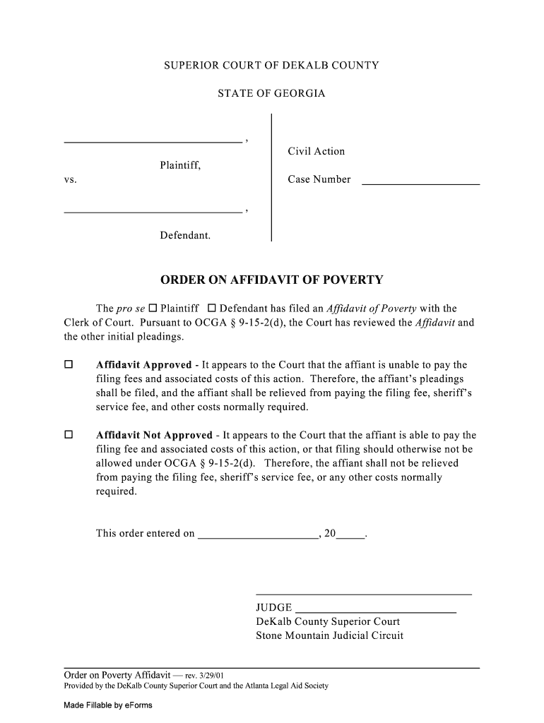 GA Order On Affidavit Of Poverty Dekalb County 2001 2021 Fill And 