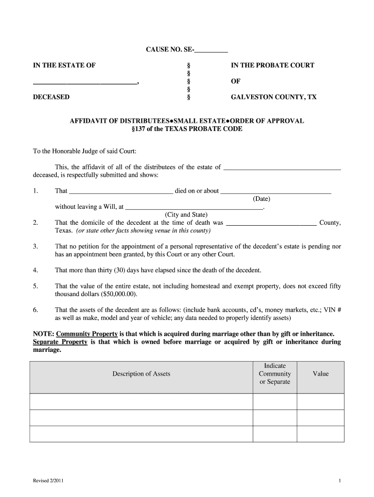 Galveston County District Attorney Small Estate Affidavit Fill Out 