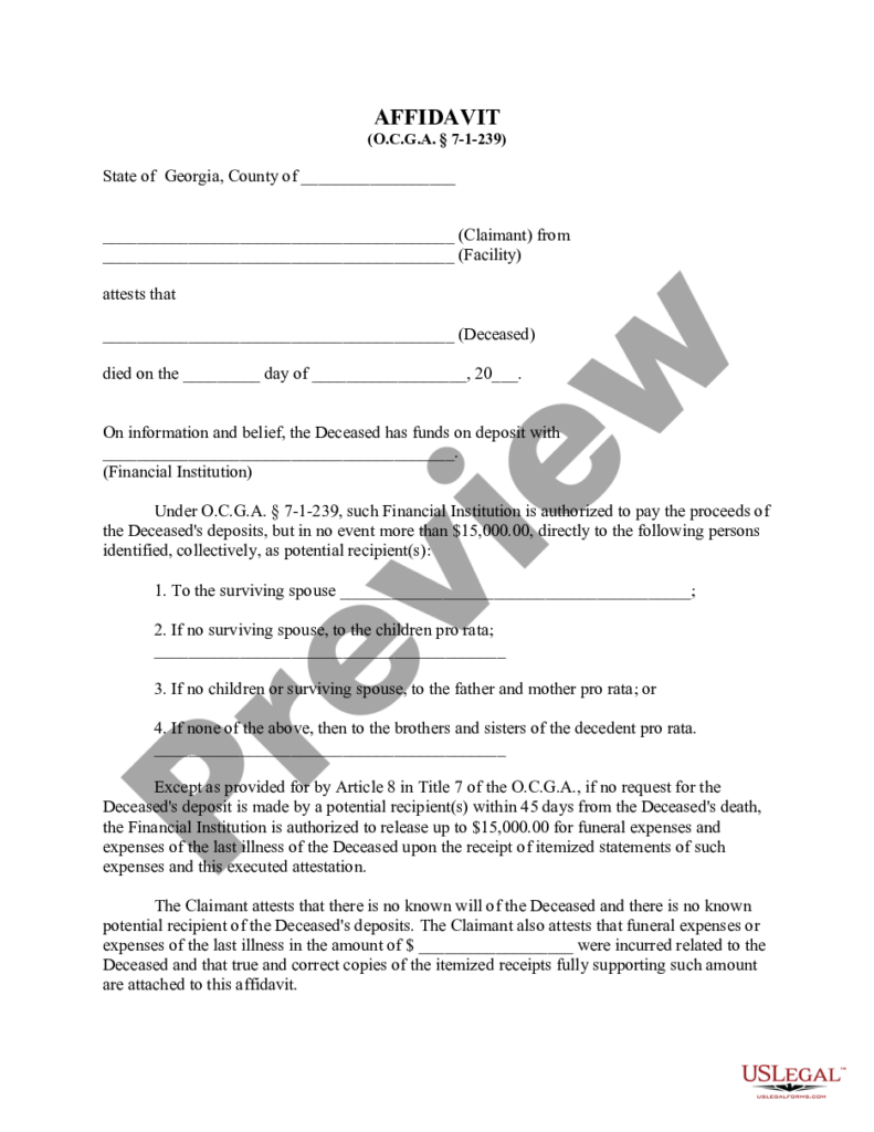 Georgia Banking Affidavit Of Surviving Relative Ga Affidavit US 