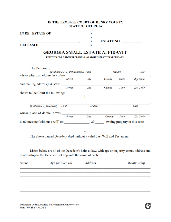 Georgia Small Estate Affidavit Form GPCSF 9 Estates Georgia Small