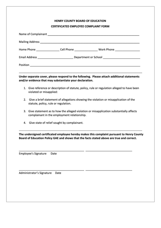 Henry County Board O F Education Certificated Employe E Complaint Form 