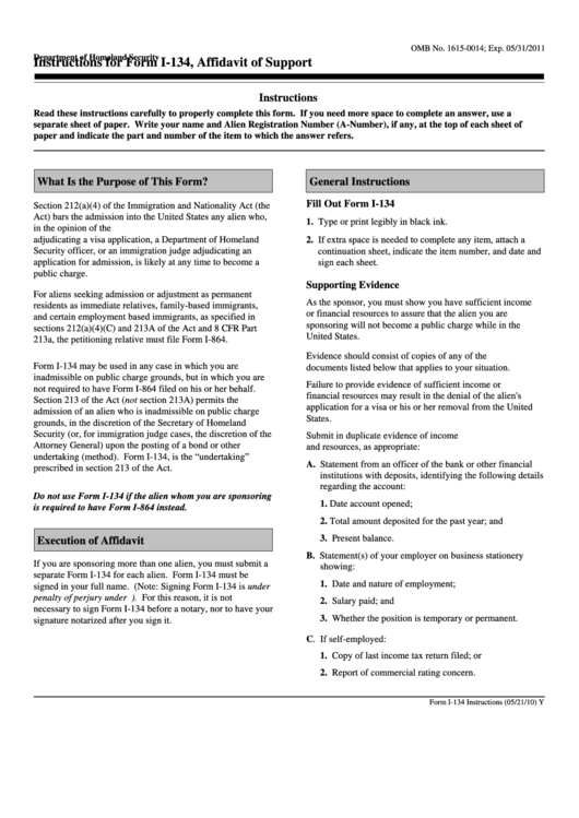 Instructions For Form I 134 Affidavit Of Support Printable Pdf Download