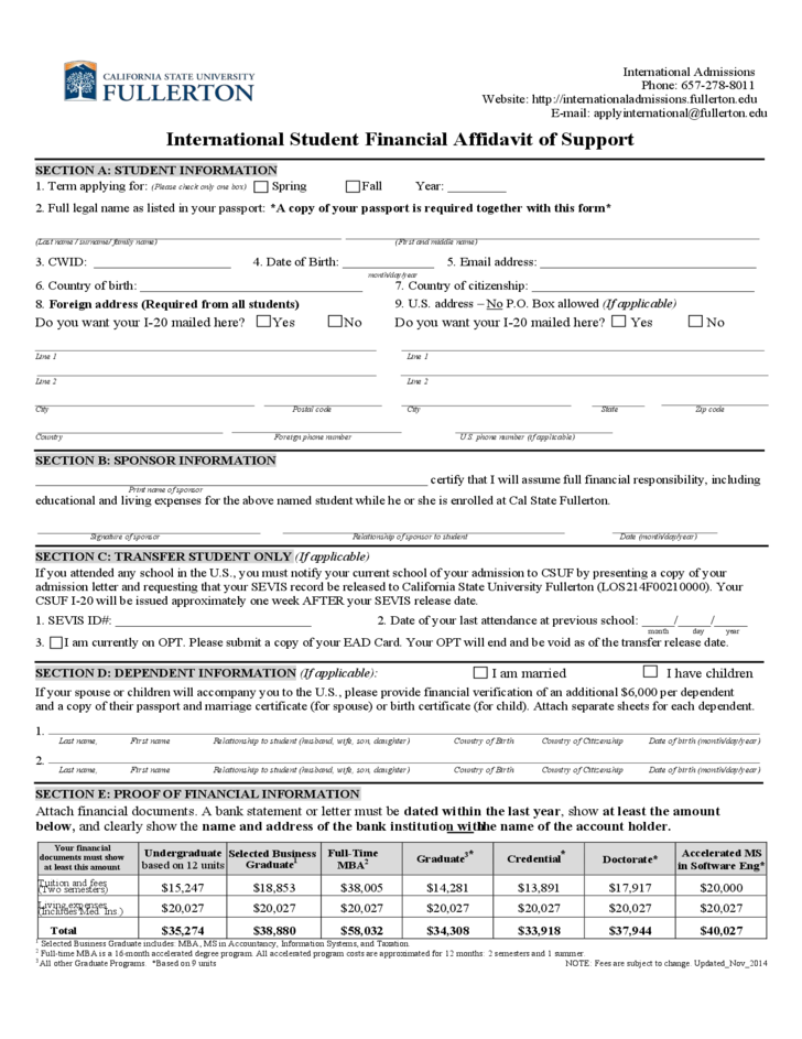 International Student Financial Affidavit Of Support California State 