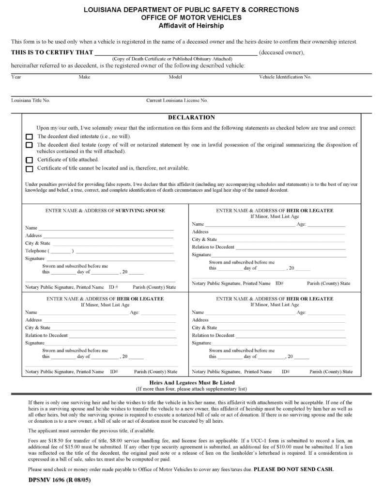 Louisiana Affidavit Forms Free Louisiana Affidavit Of Heirship Form 