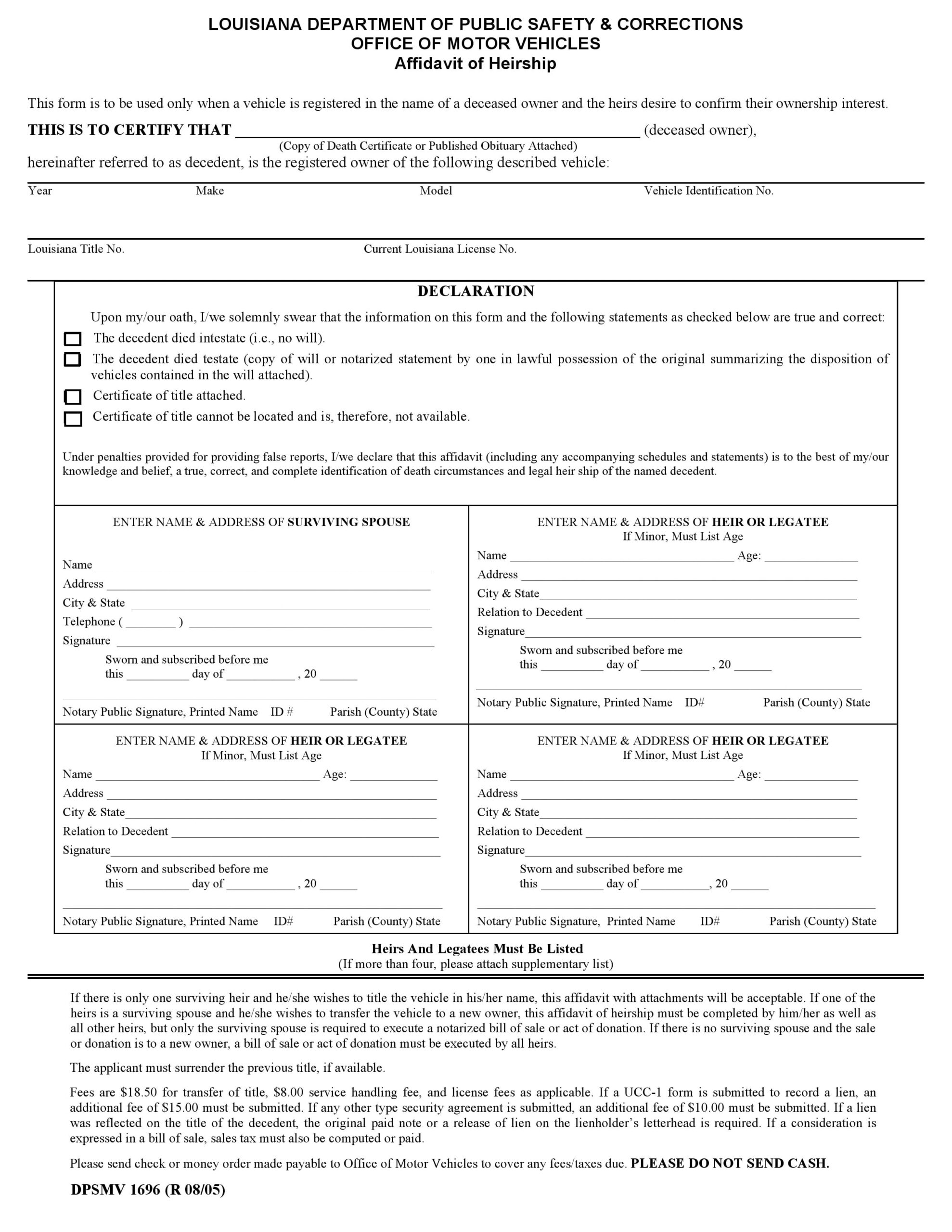 Louisiana Affidavit Forms Free Louisiana Affidavit Of Heirship Form 