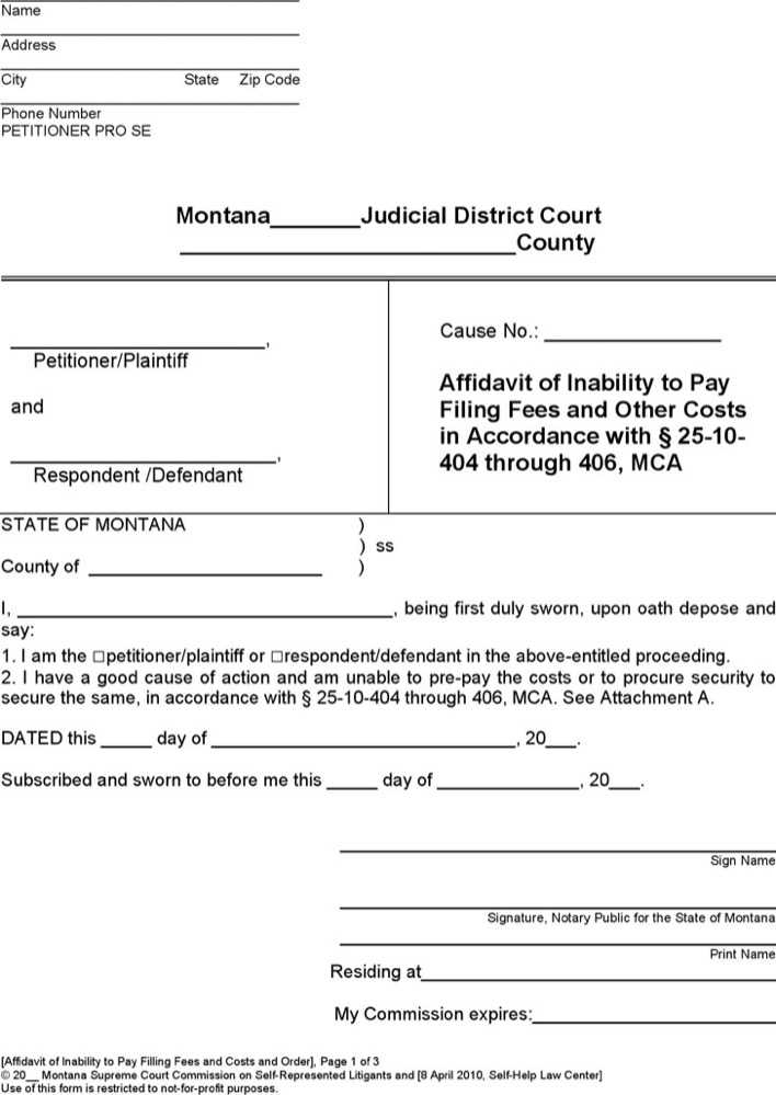 Montana Affidavit Of Inability To Pay Form Download Free Premium 
