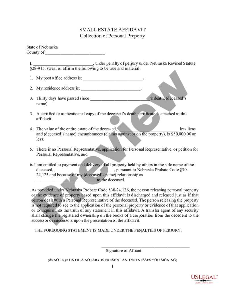Nebraska Small Estate Affidavit For Personal Property Of Estates Not 