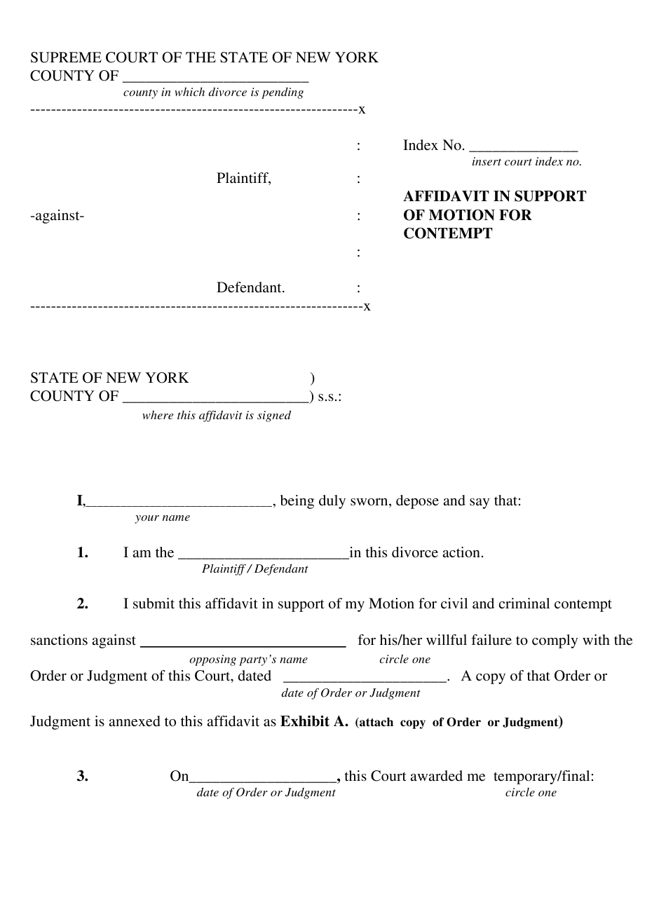 New York Affidavit In Support Of Motion For Contempt Download Printable 