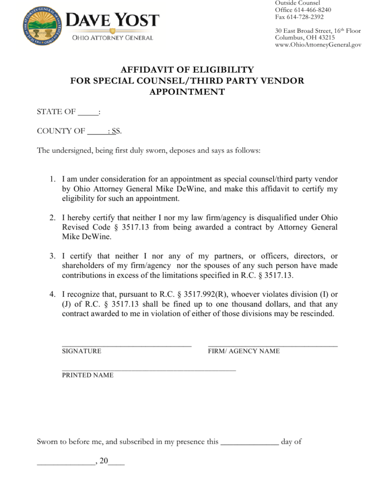 Ohio Affidavit Of Eligibility For Special Counsel Third Party Vendor 