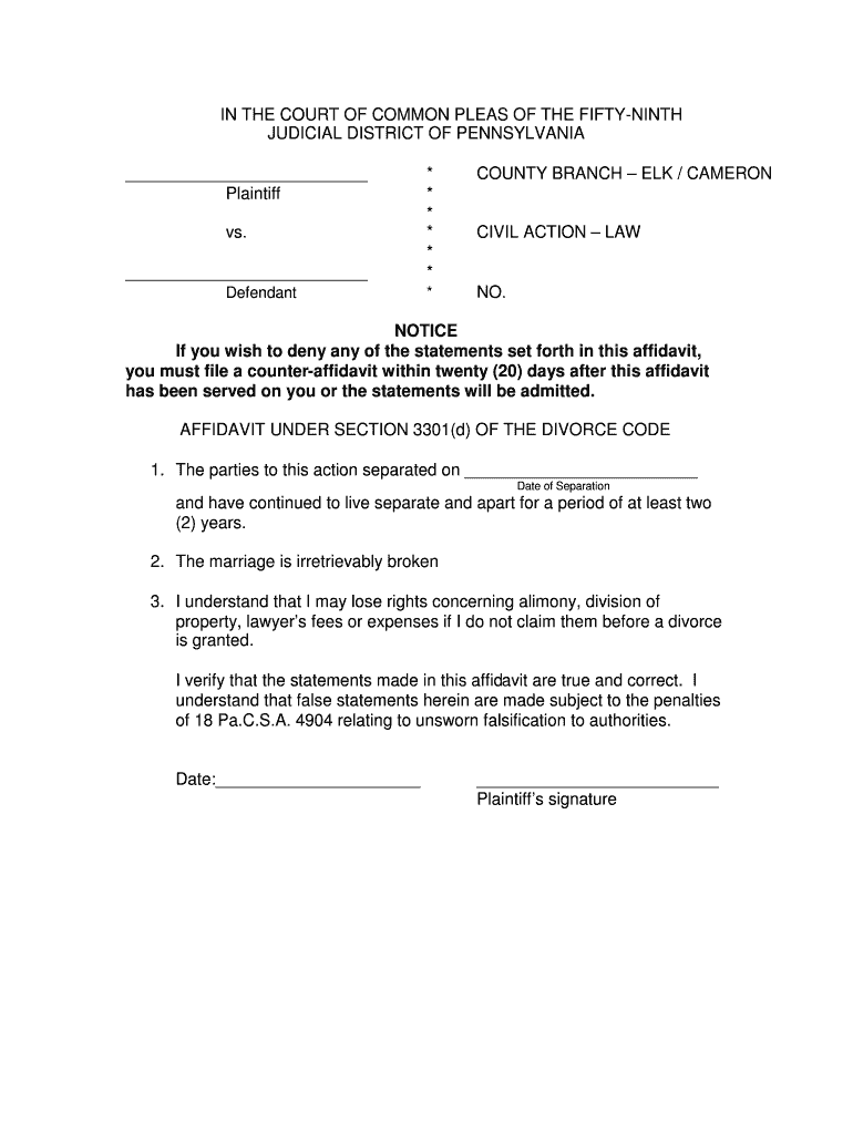 Pa Divorce Affidavit Under Section 3301 D Fill Online Printable 