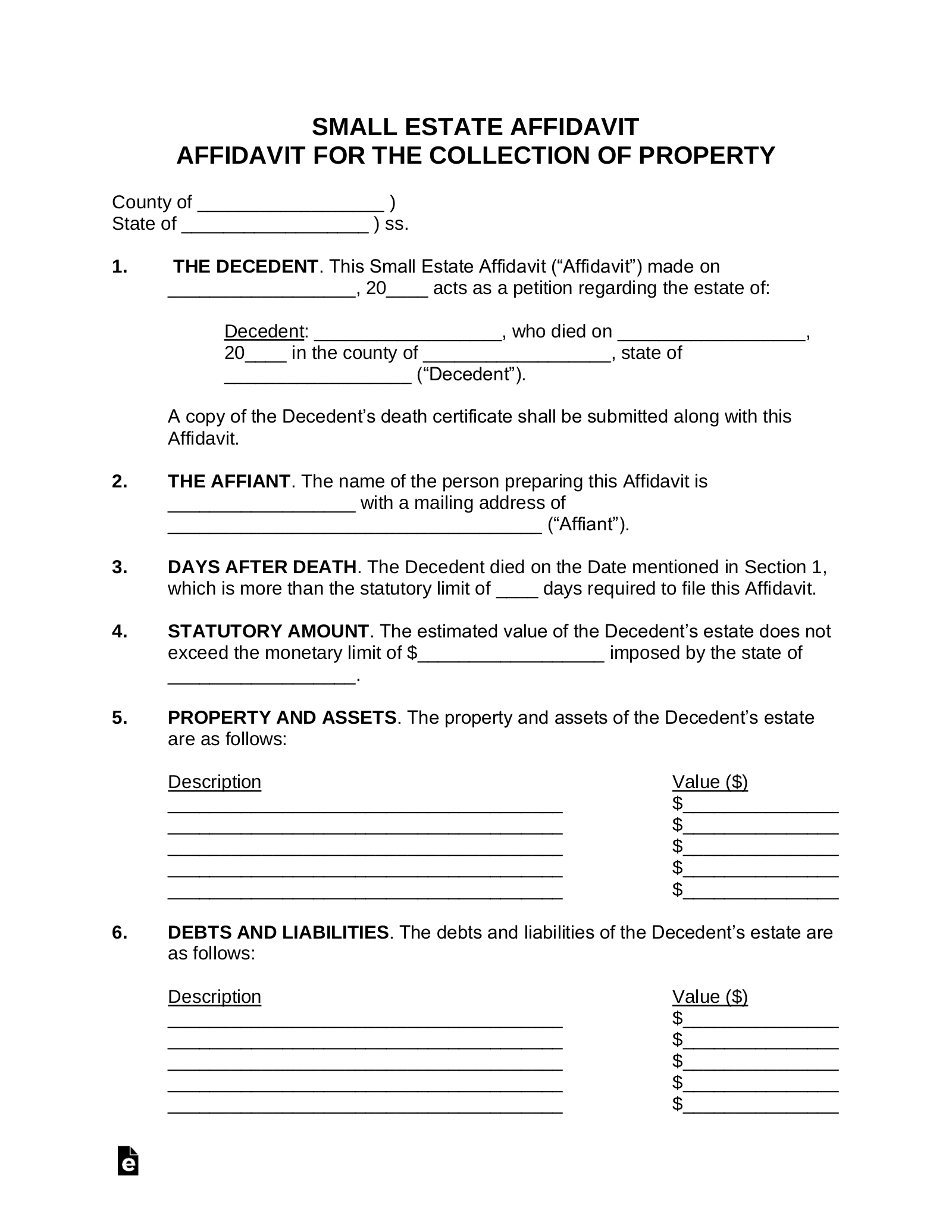 Printable Small Estate Affidavit Form TUTORE ORG Master Of Documents