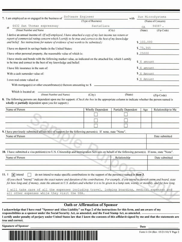 Sample Affidavit Of Support Form I 134 