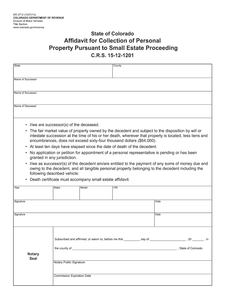 Small Estate Affidavit Colorado Dr2712 Fill Online Printable 