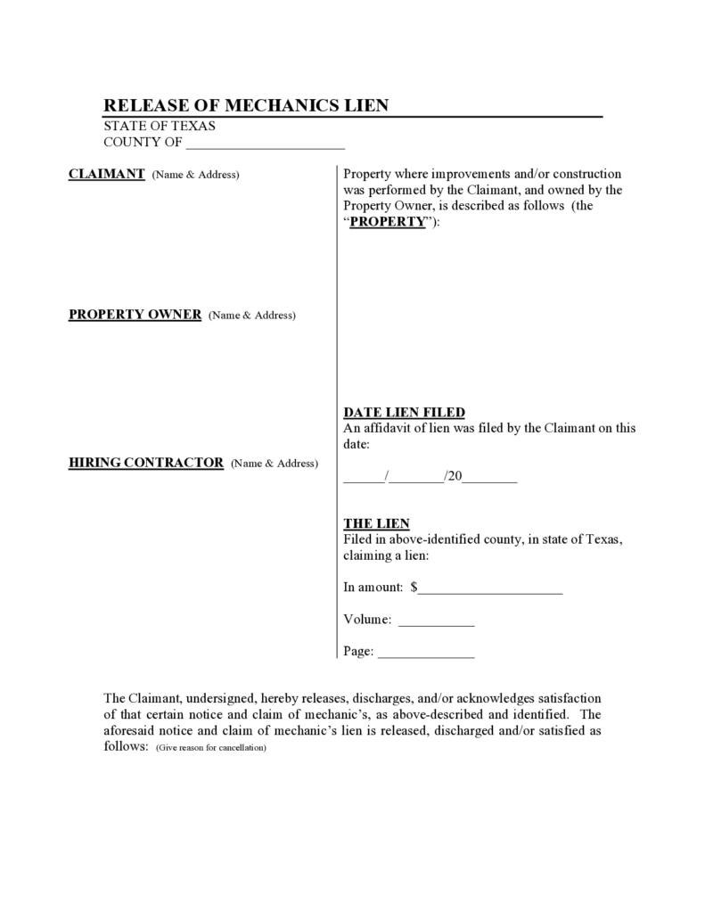 Texas Lien Release Form Free Downloadable Template