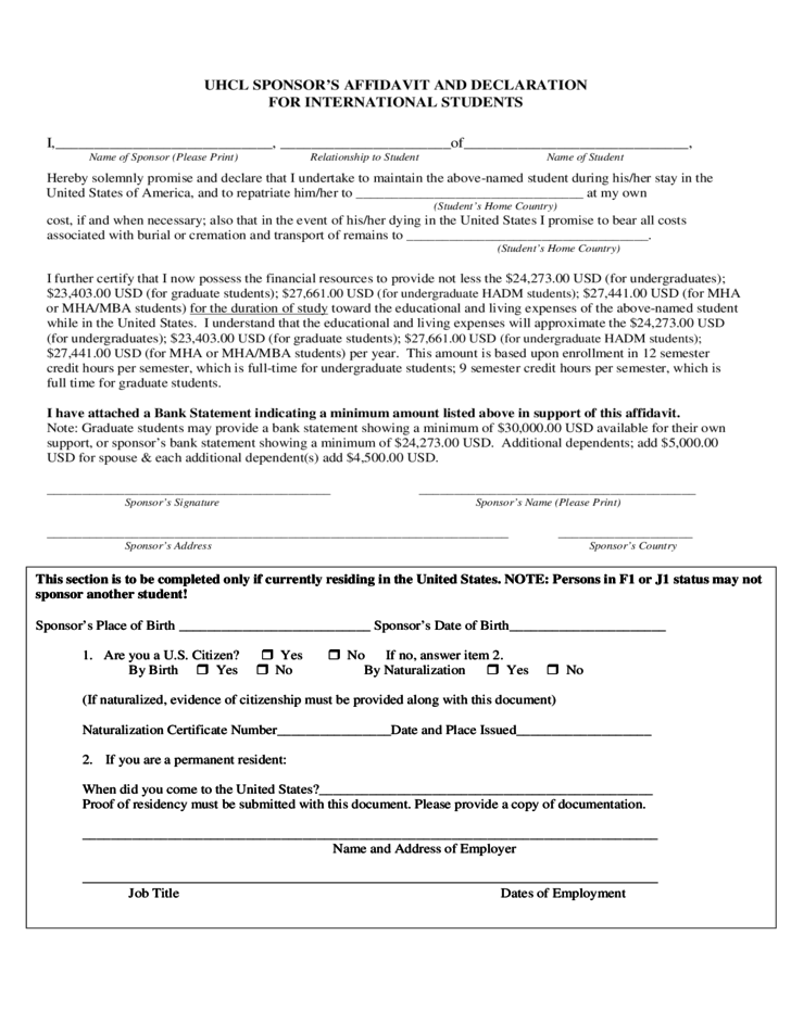 UHCL Sponsor s Affidavit And Declaration Texas Free Download