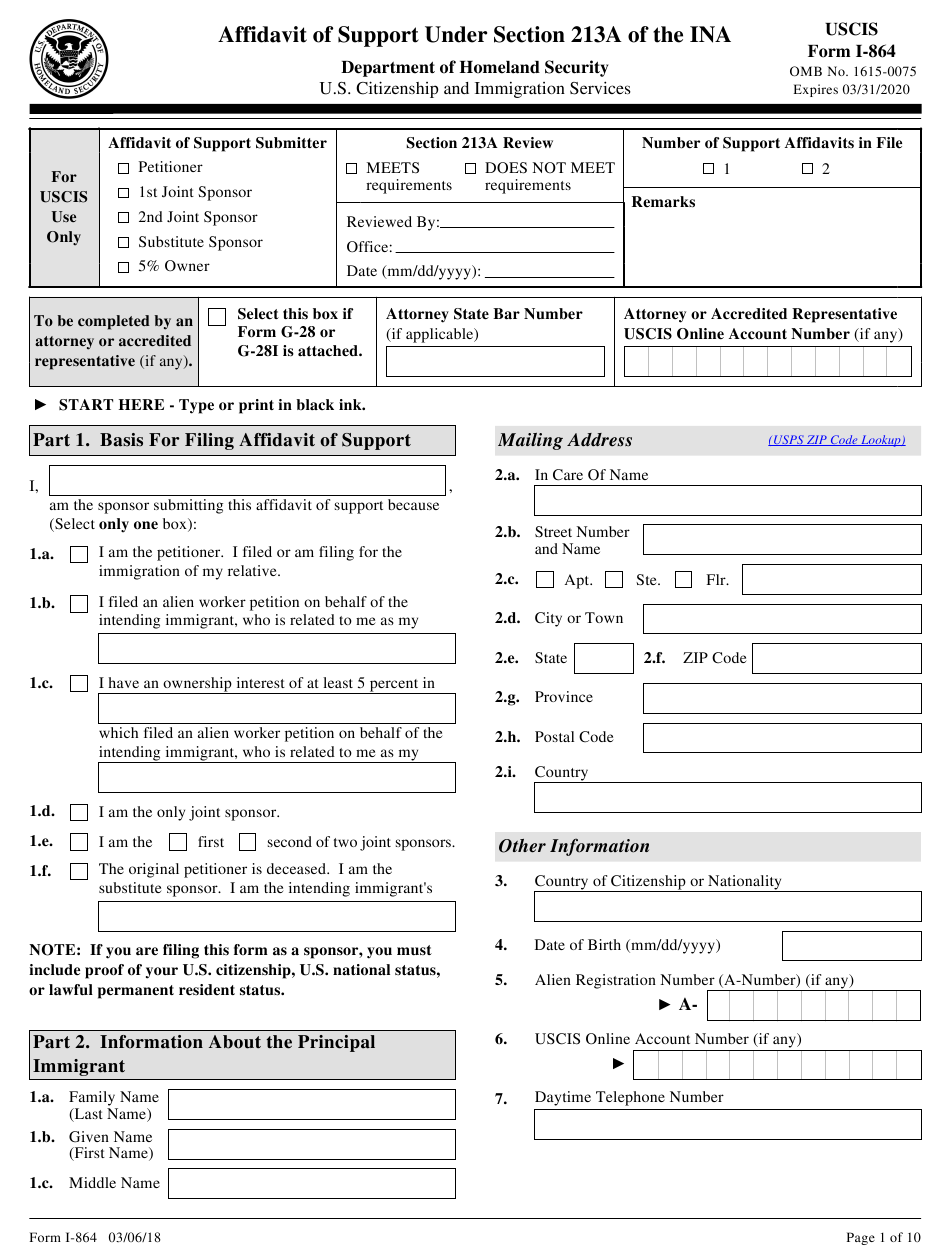 USCIS Form I 864 Download Fillable PDF Or Fill Online Affidavit Of