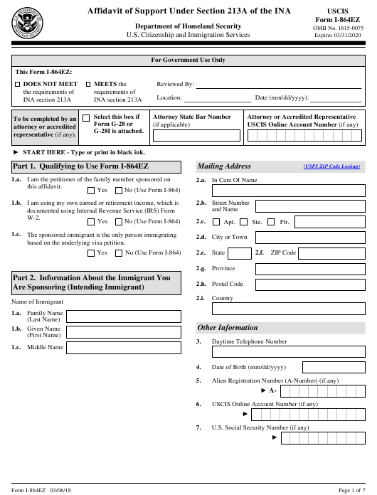 USCIS Form I 864EZ Download Fillable PDF Or Fill Online Affidavit Of 