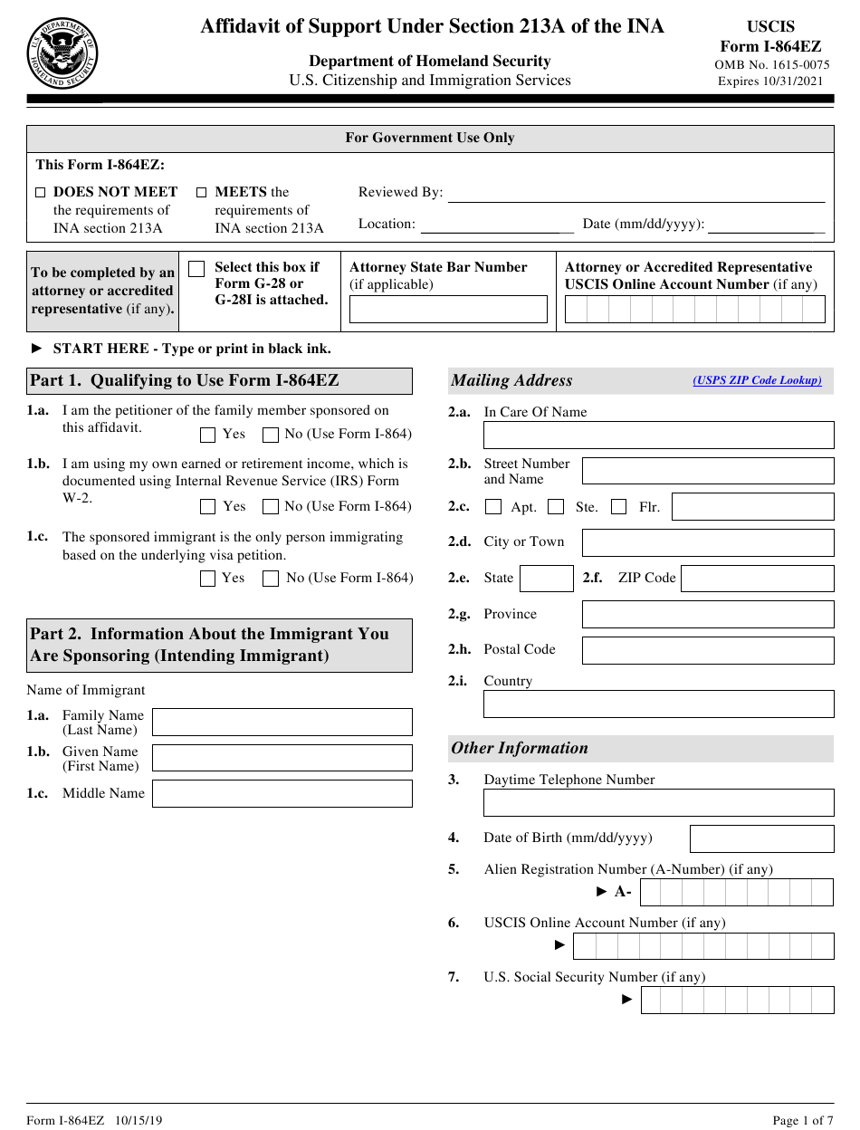 USCIS Form I 864EZ Download Fillable PDF Or Fill Online Affidavit Of
